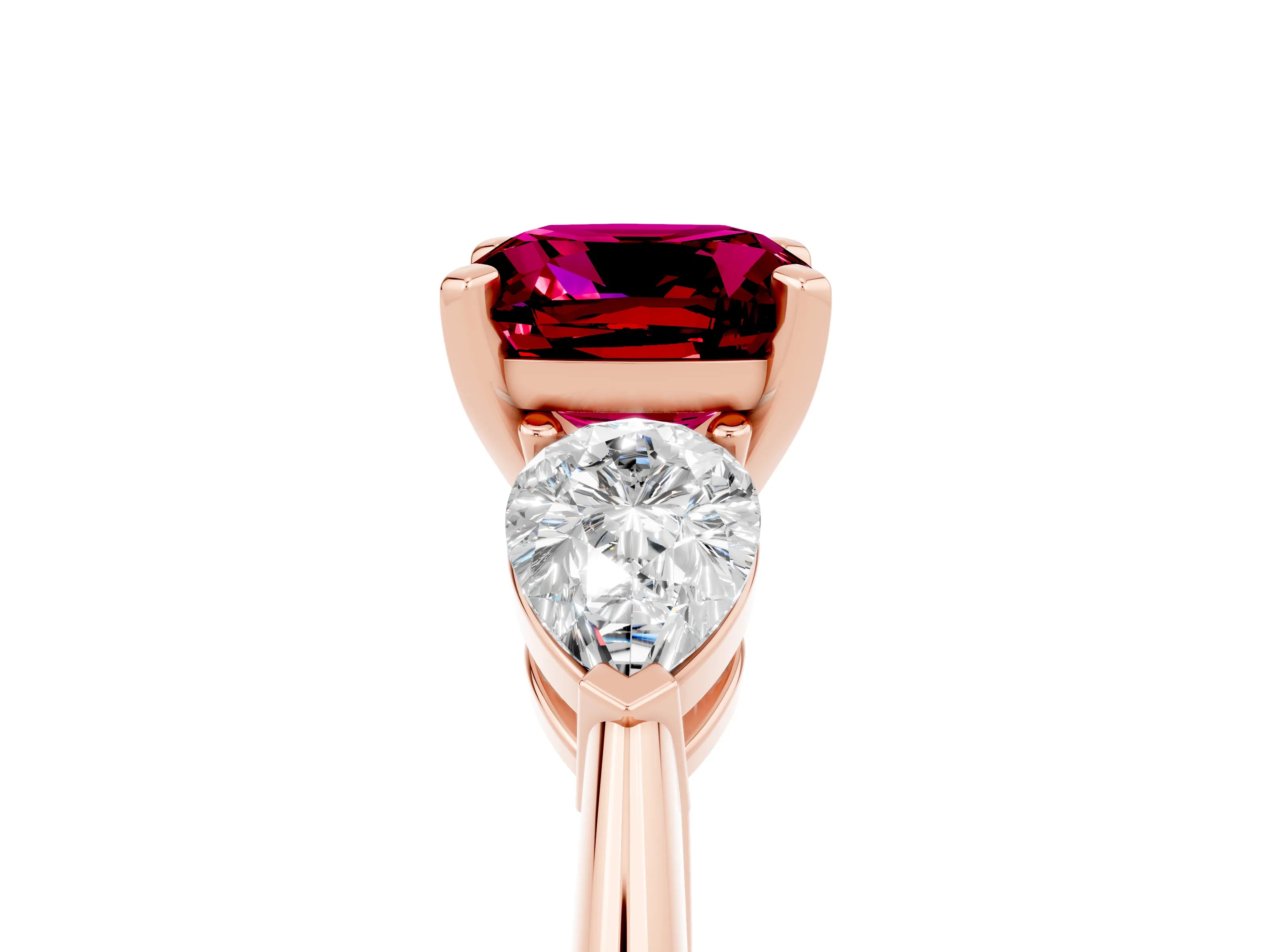 Rose gold Three-Stone Cushion Cut Garnet Ring with Pear Side Stones and Four-Prong Setting_5