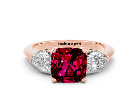 Rose gold Three-Stone Cushion Cut Garnet Ring with Pear Side Stones and Four-Prong Setting