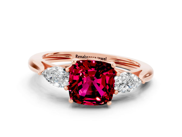 Rose gold Three-Stone Cushion Cut Garnet Ring with Pear  Side Stones in Four-Prong Setting