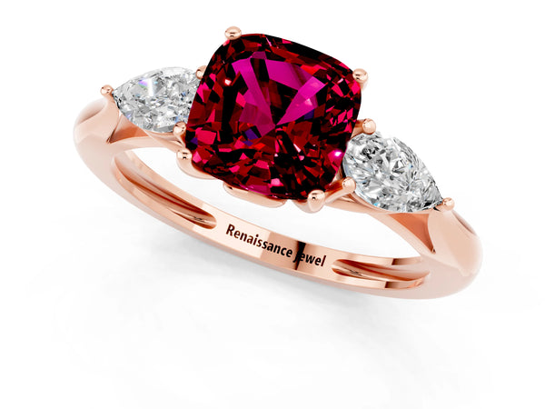 Rose gold Three-Stone Cushion Cut Garnet Ring with Pear  Side Stones in Four-Prong Setting