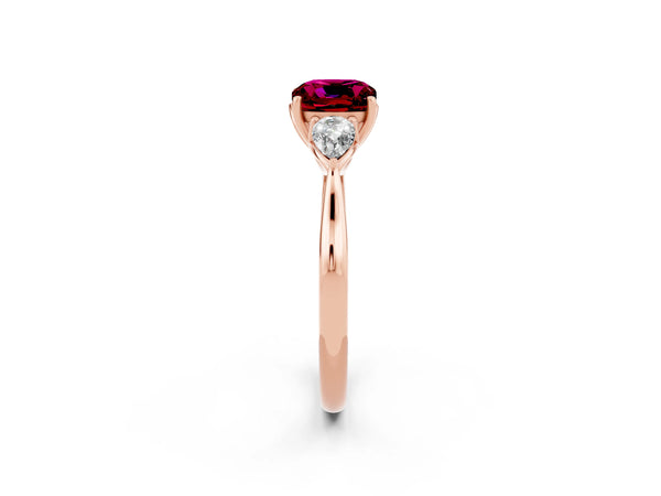 Rose gold Three-Stone Cushion Cut Garnet Ring with Pear  Side Stones in Four-Prong Setting
