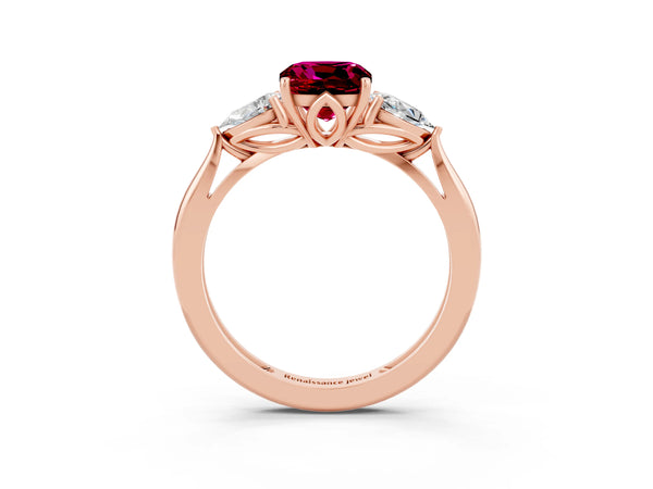 Rose gold Three-Stone Cushion Cut Garnet Ring with Pear  Side Stones in Four-Prong Setting