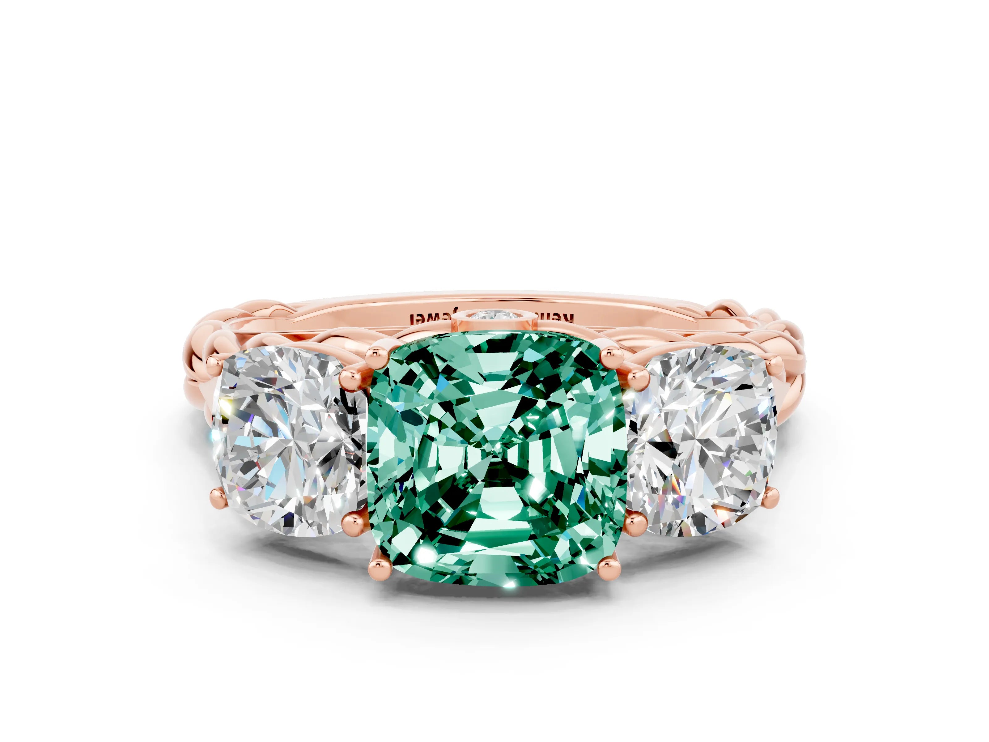 Rose gold Three-Stone Cushion Cut Green Sapphire Braided Band Ring with Four-Prong Setting_12