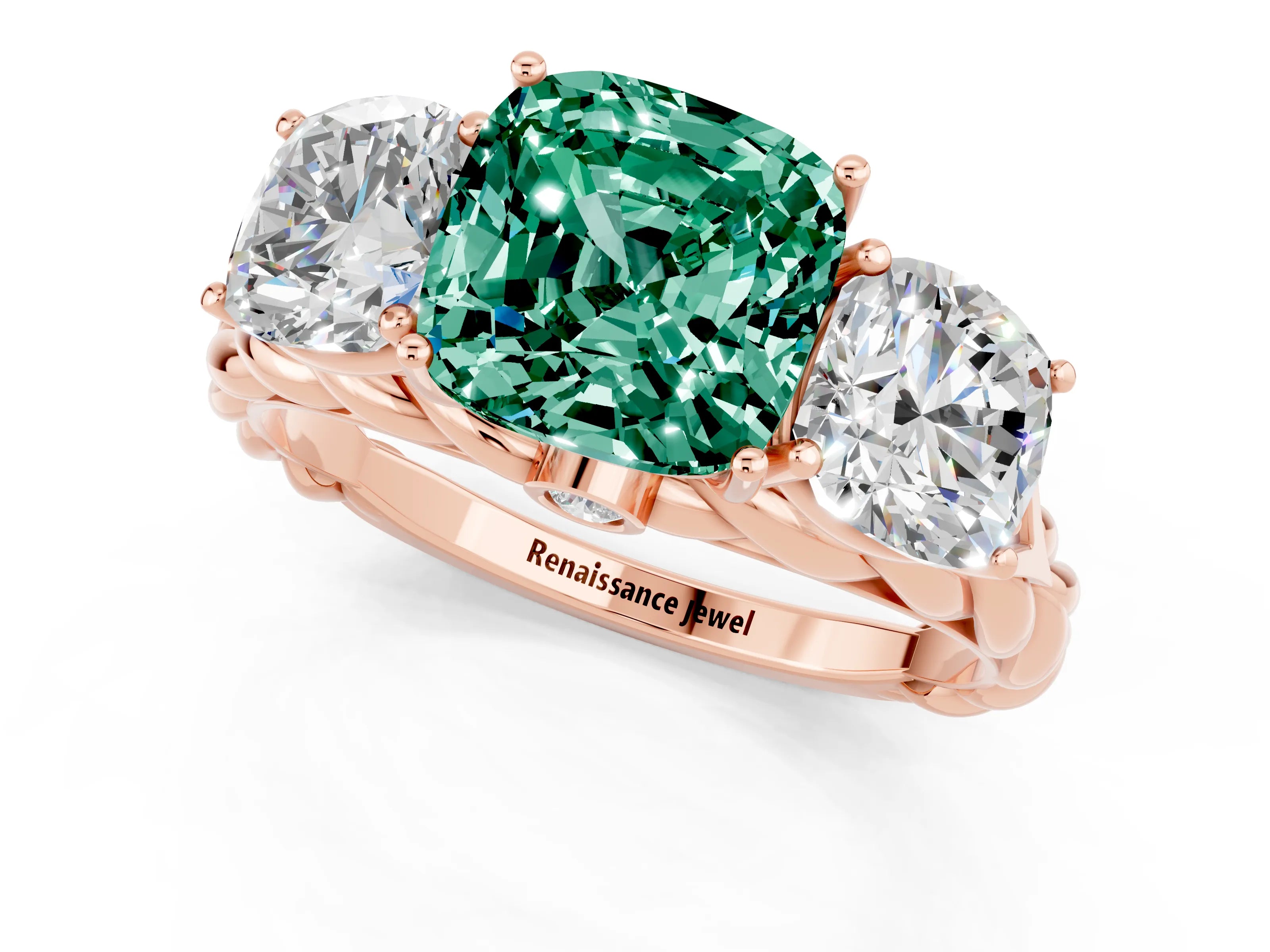 Rose gold Three-Stone Cushion Cut Green Sapphire Braided Band Ring with Four-Prong Setting_13