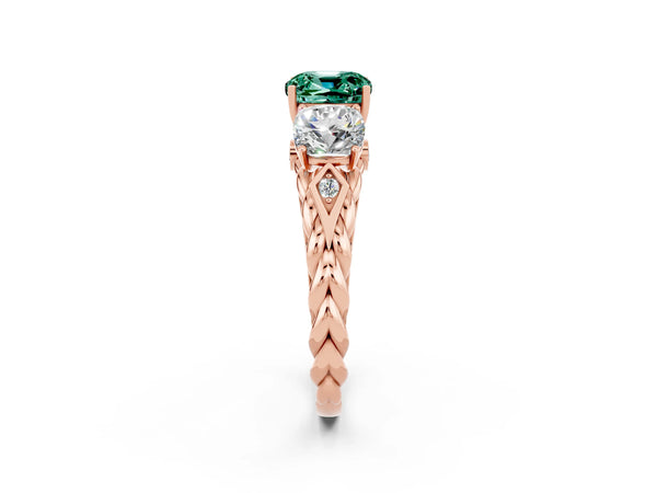 Rose gold Three-Stone Cushion Cut Green Sapphire Braided Band Ring with Four-Prong Setting