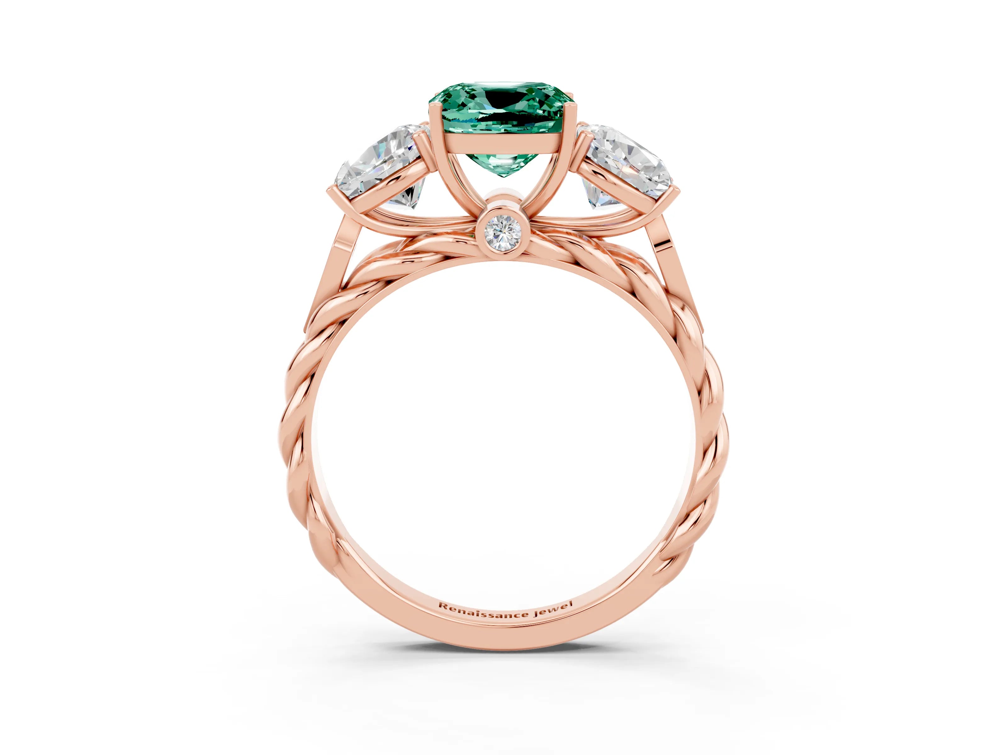 Rose gold Three-Stone Cushion Cut Green Sapphire Braided Band Ring with Four-Prong Setting_15