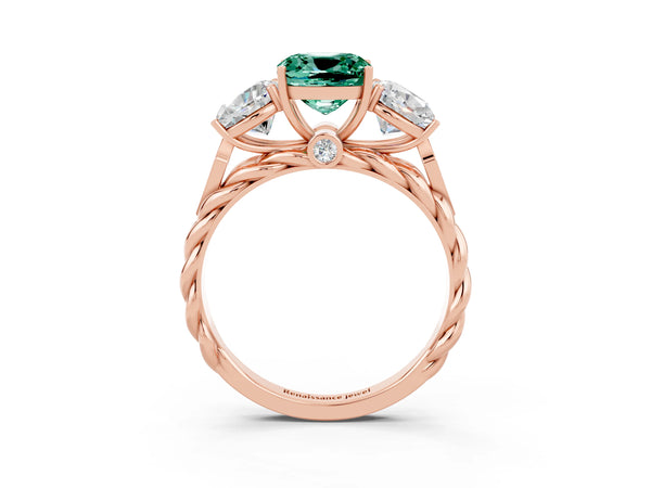 Rose gold Three-Stone Cushion Cut Green Sapphire Braided Band Ring with Four-Prong Setting