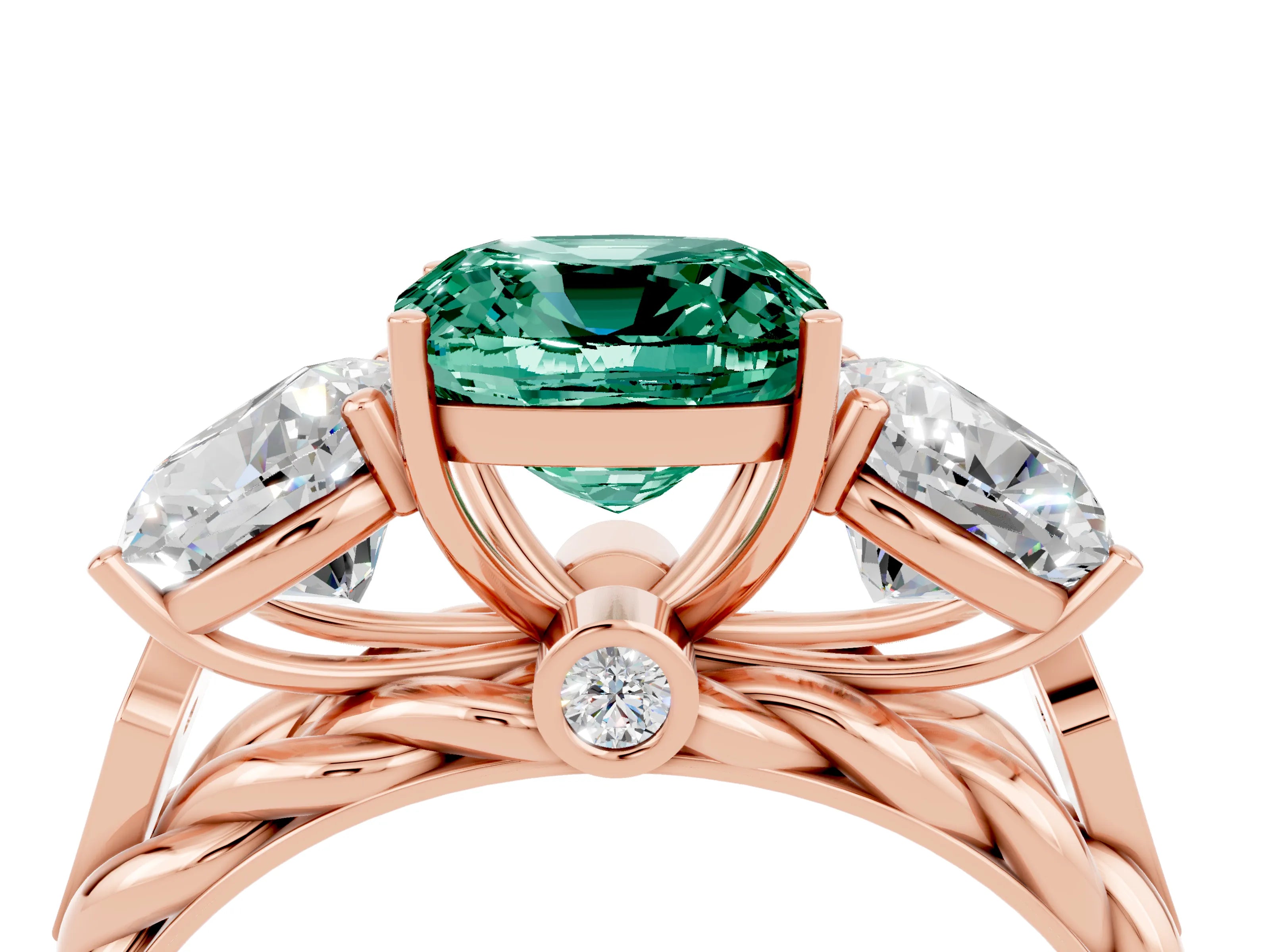 Rose gold Three-Stone Cushion Cut Green Sapphire Braided Band Ring with Four-Prong Setting_16
