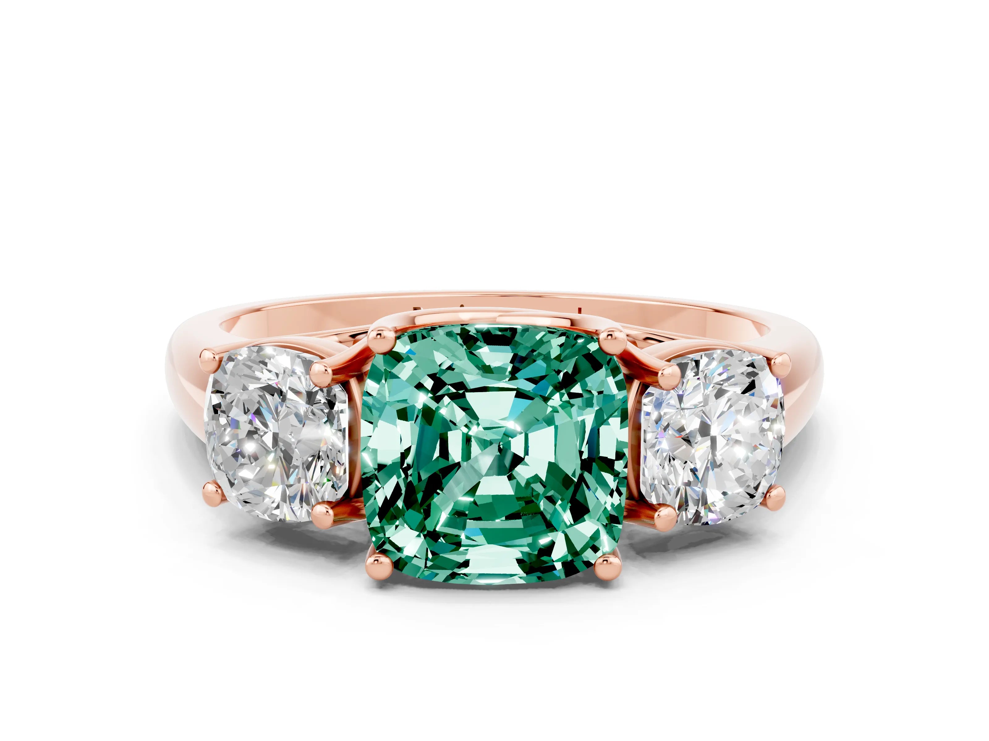 Rose gold Three-Stone Cushion Cut Green Sapphire Engagement Ring with Prong Setting