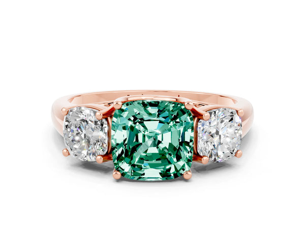 Rose gold Three-Stone Cushion Cut Green Sapphire Engagement Ring with Prong Setting