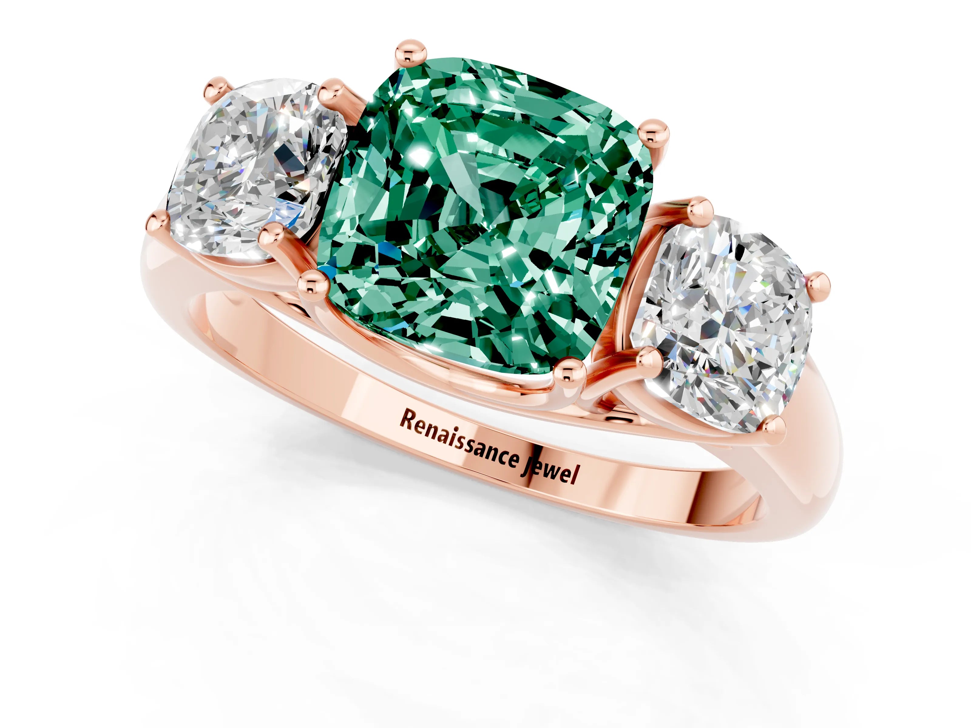 Rose gold Three-Stone Cushion Cut Green Sapphire Engagement Ring with Prong Setting_1