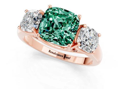 Rose gold Three-Stone Cushion Cut Green Sapphire Engagement Ring with Prong Setting_1