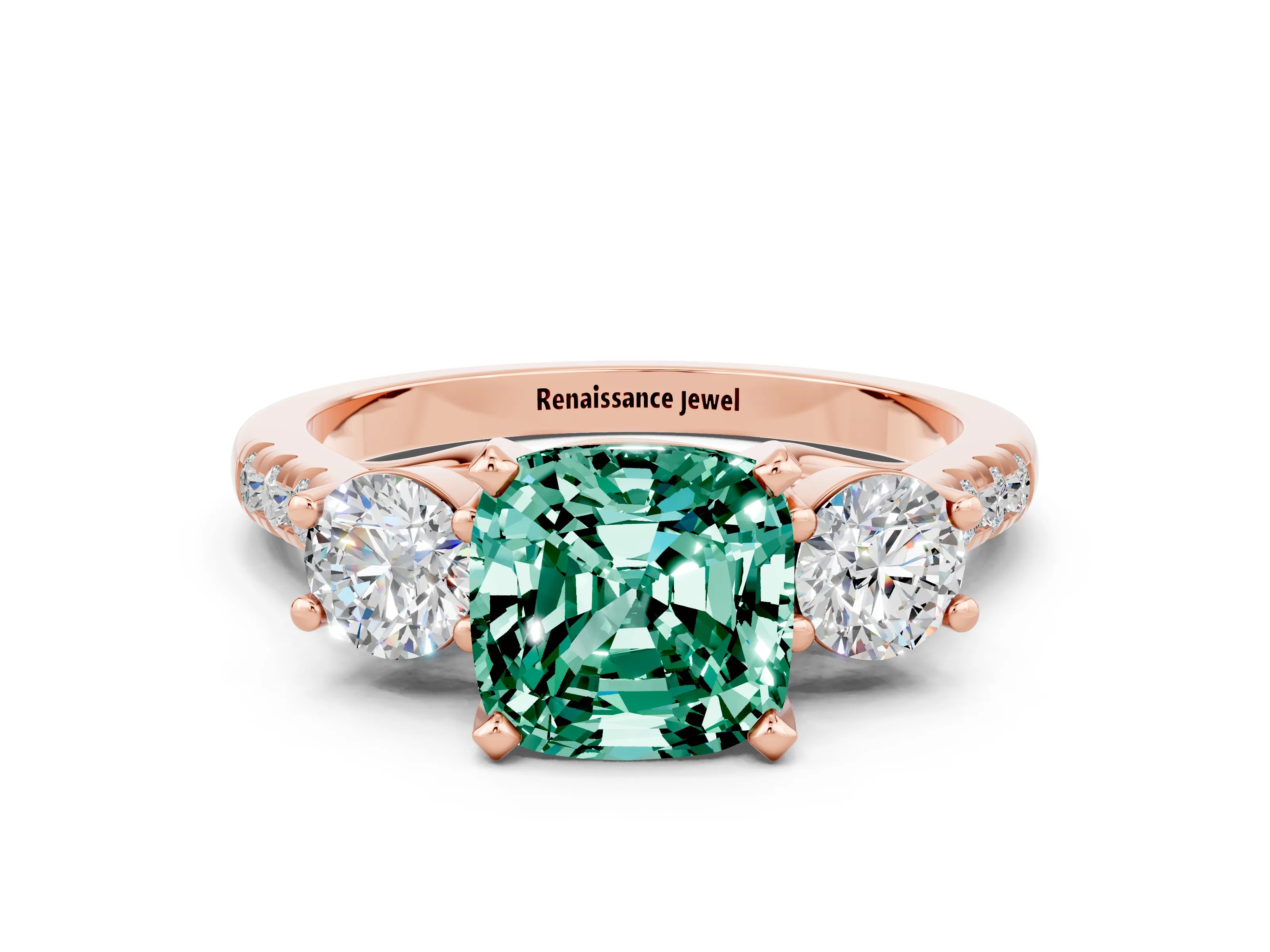 Rose gold Three-Stone Cushion Cut Green Sapphire Pavé Band with Four-Prong Setting