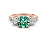 Rose gold Three-Stone Cushion Cut Green Sapphire Pavé Band with Four-Prong Setting