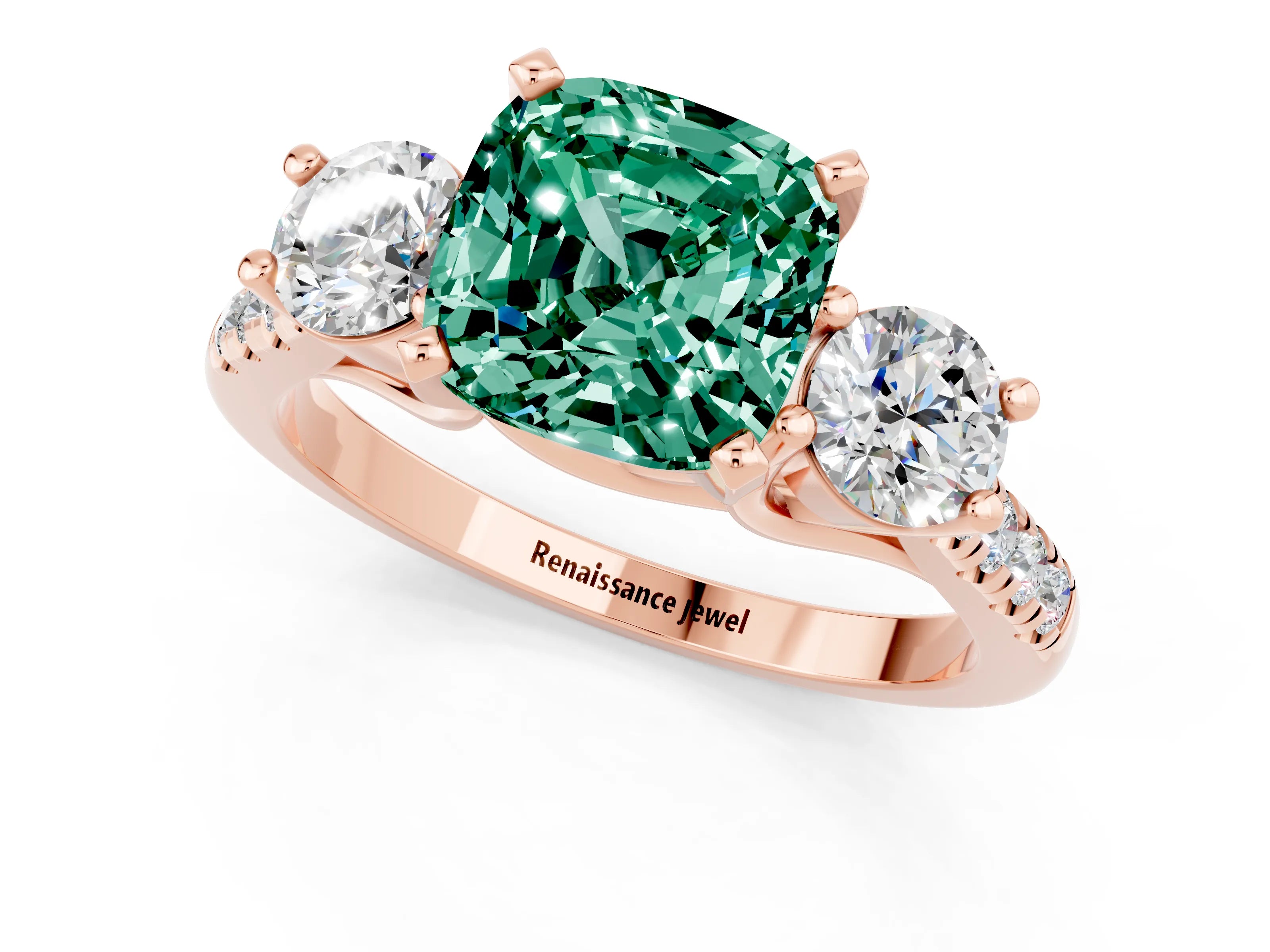 Rose gold Three-Stone Cushion Cut Green Sapphire Pavé Band with Four-Prong Setting_1