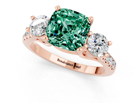 Rose gold Three-Stone Cushion Cut Green Sapphire Pavé Band with Four-Prong Setting_1