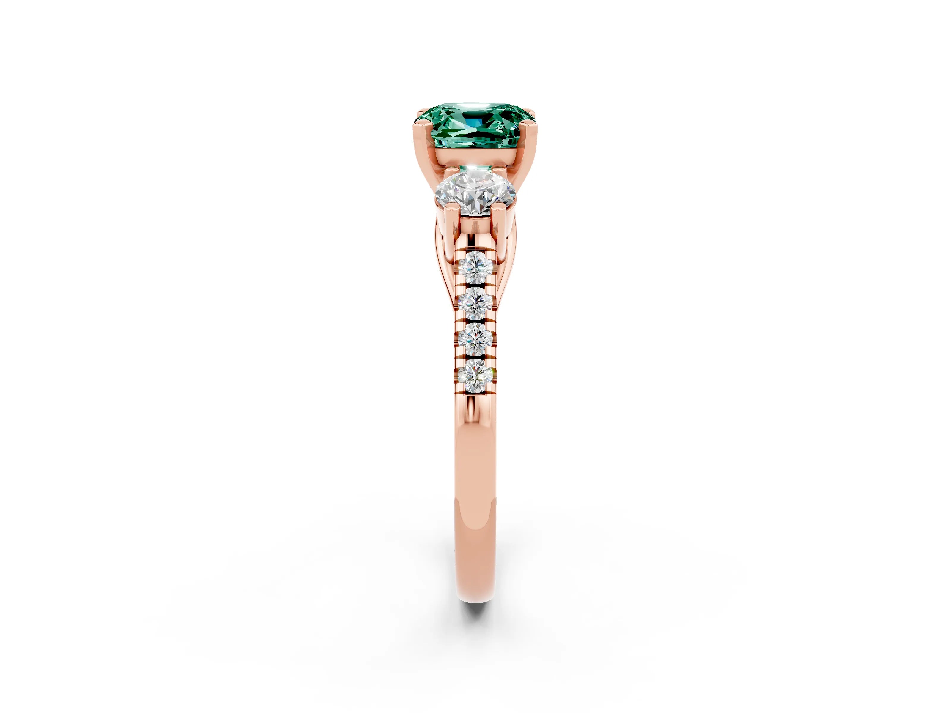 Rose gold Three-Stone Cushion Cut Green Sapphire Pavé Band with Four-Prong Setting_2