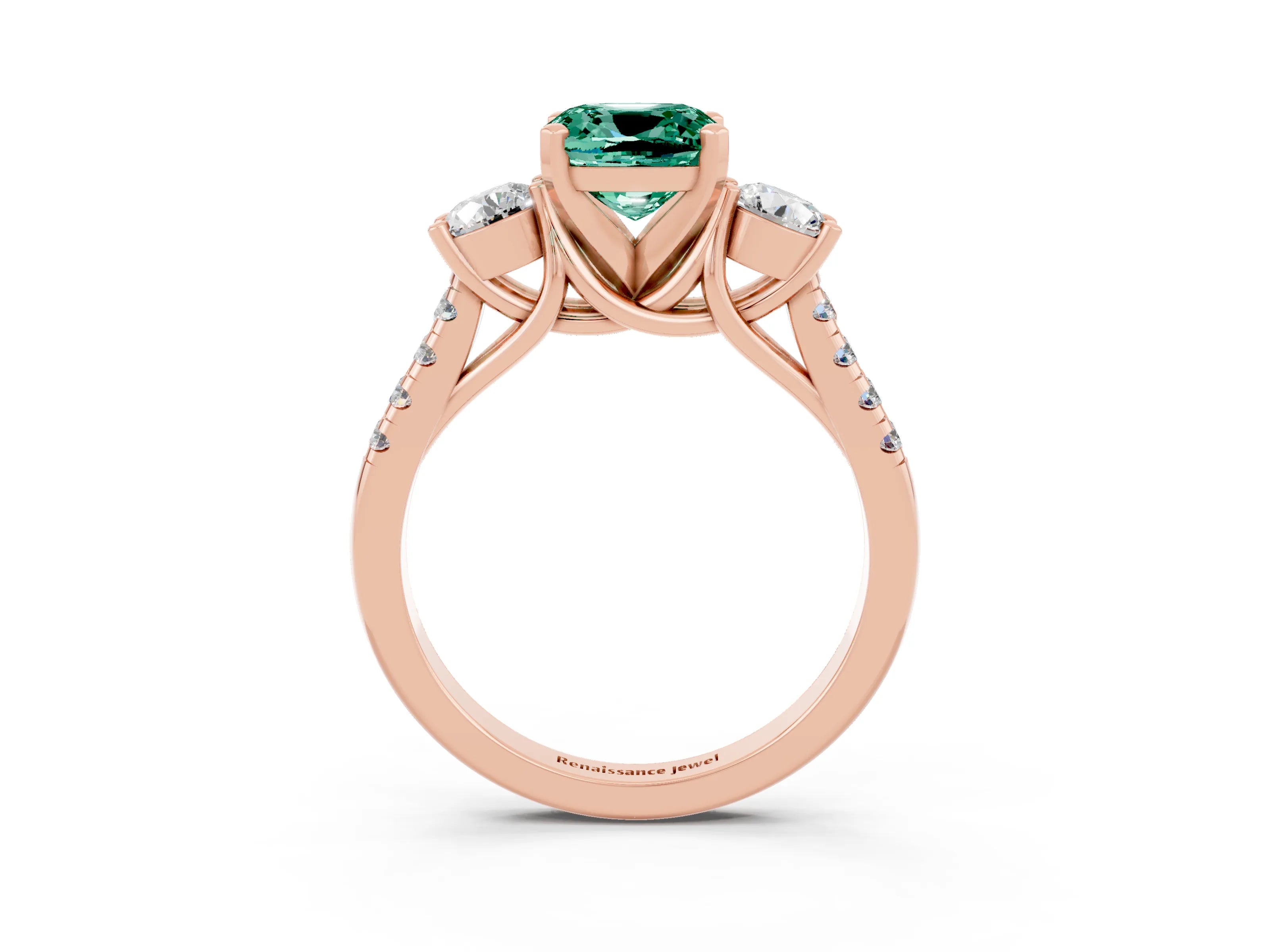 Rose gold Three-Stone Cushion Cut Green Sapphire Pavé Band with Four-Prong Setting_3