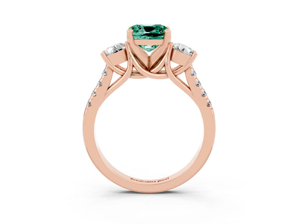 Rose gold Three-Stone Cushion Cut Green Sapphire Pavé Band with Four-Prong Setting