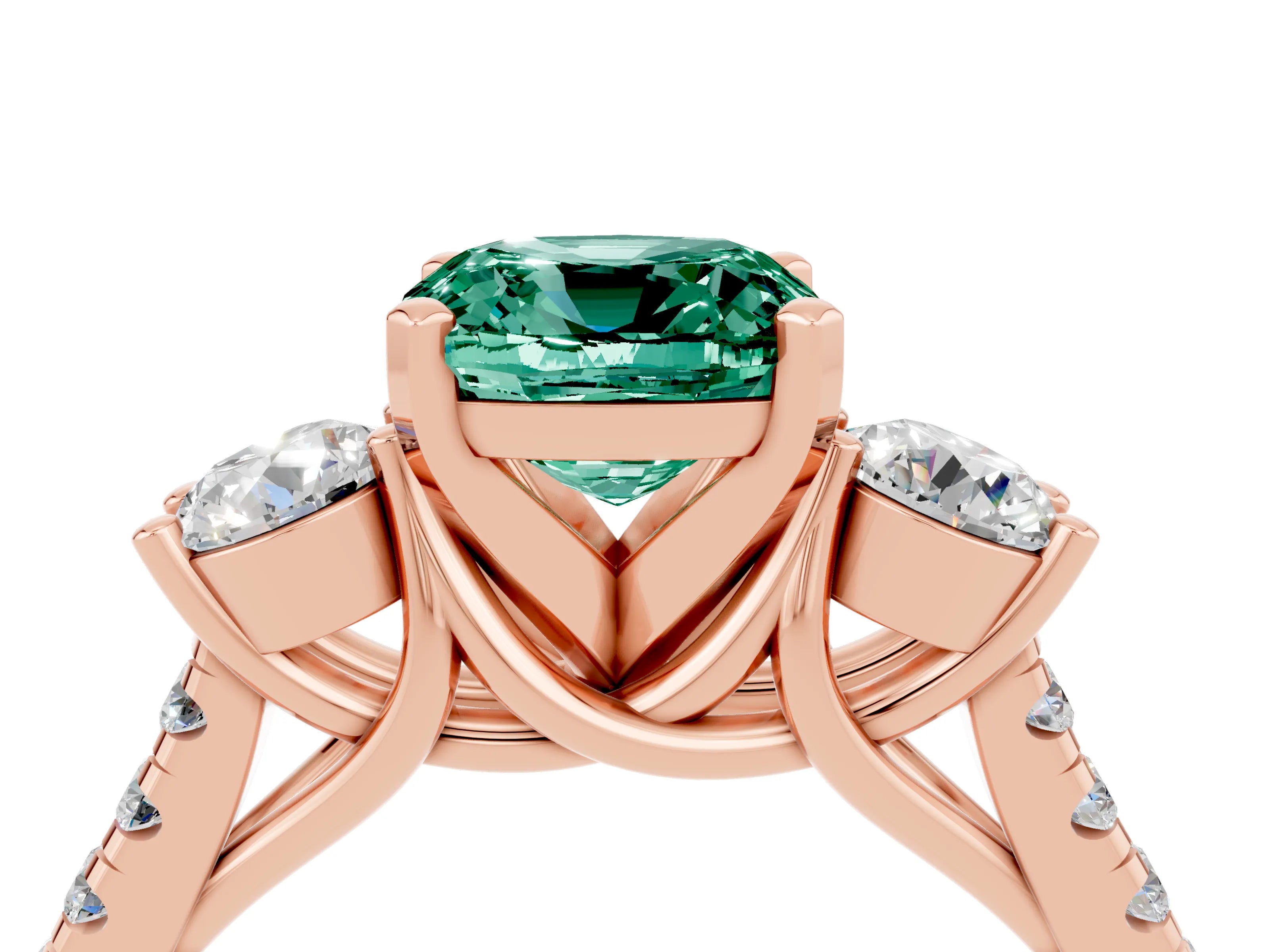 Rose gold Three-Stone Cushion Cut Green Sapphire Pavé Band with Four-Prong Setting_4
