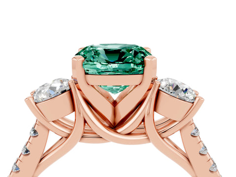Rose gold Three-Stone Cushion Cut Green Sapphire Pavé Band with Four-Prong Setting_4