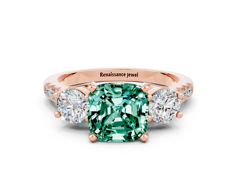 Rose gold Three-Stone Cushion Cut Green Sapphire Pavé Band with Four-Prong Setting