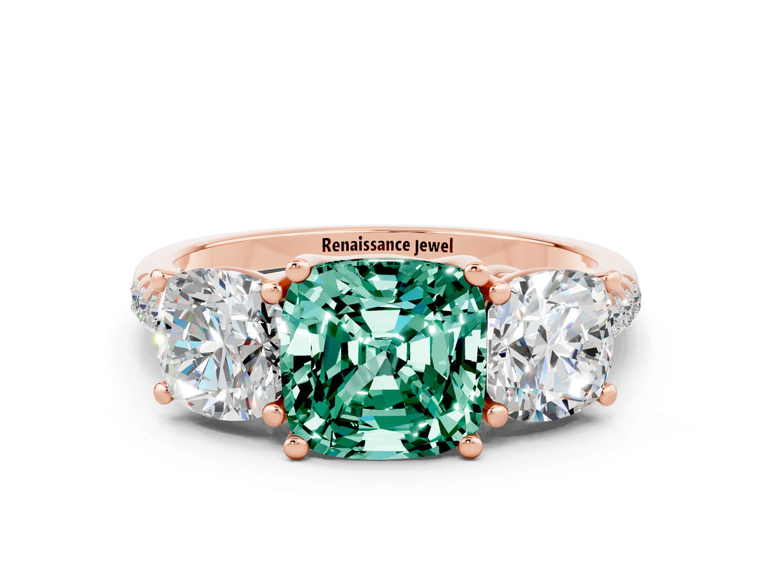 Rose gold Three-Stone Cushion Cut Green Sapphire Ring with Pavé Band and Prong Setting_12