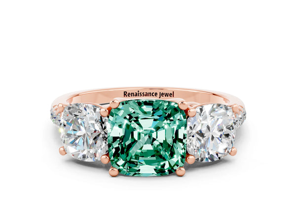 Rose gold Three-Stone Cushion Cut Green Sapphire Ring with Round  Pavé Band and Prong Setting