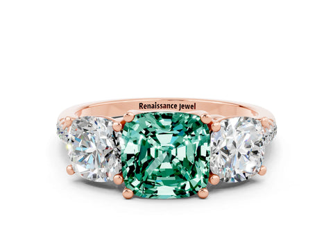 Rose gold Three-Stone Cushion Cut Green Sapphire Ring with Pavé Band and Prong Setting_12