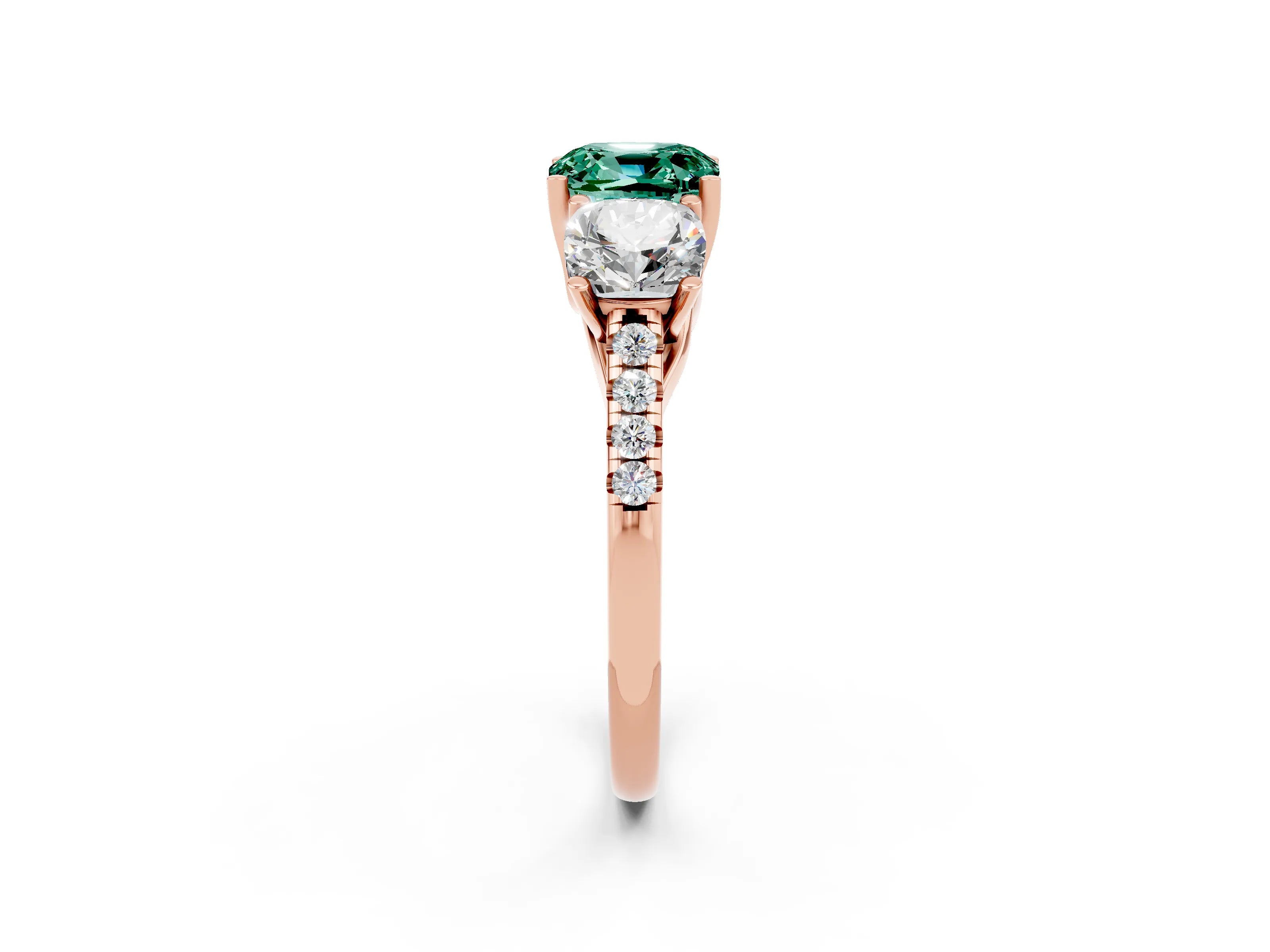 Rose gold Three-Stone Cushion Cut Green Sapphire Ring with Pavé Band and Prong Setting_14