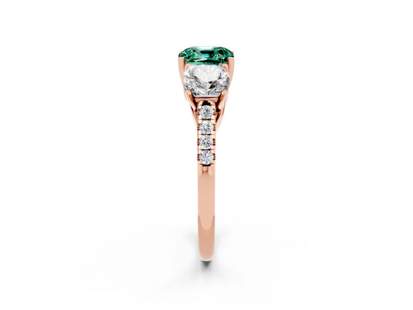 Rose gold Three-Stone Cushion Cut Green Sapphire Ring with Round  Pavé Band and Prong Setting
