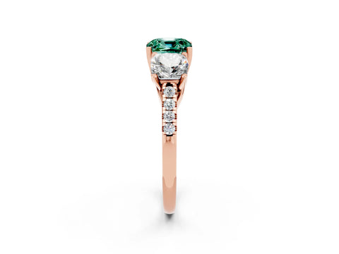 Rose gold Three-Stone Cushion Cut Green Sapphire Ring with Pavé Band and Prong Setting_14