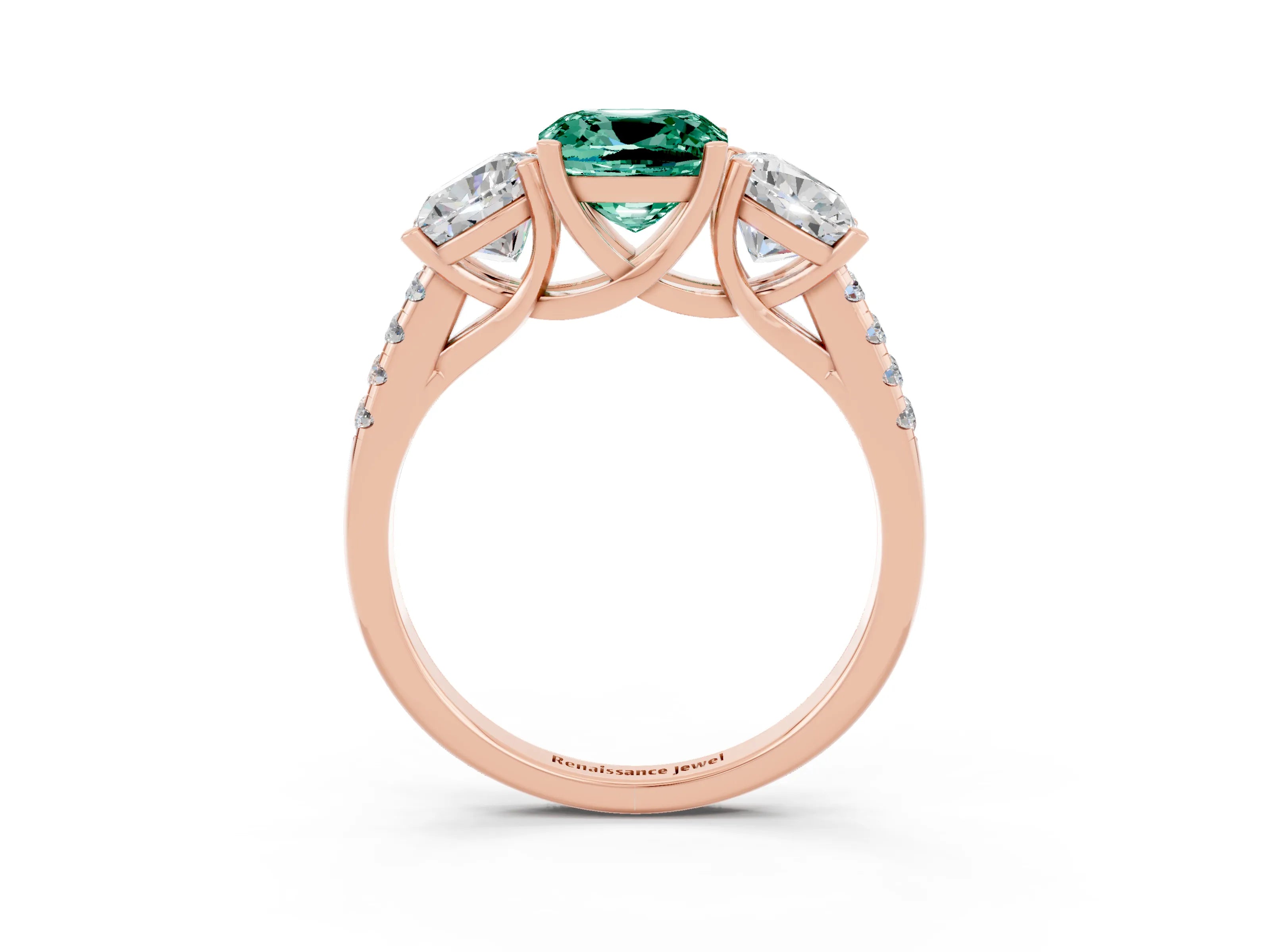 Rose gold Three-Stone Cushion Cut Green Sapphire Ring with Pavé Band and Prong Setting_15