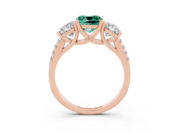 Rose gold Three-Stone Cushion Cut Green Sapphire Ring with Round  Pavé Band and Prong Setting
