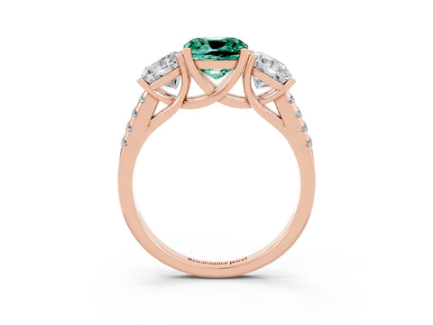 Rose gold Three-Stone Cushion Cut Green Sapphire Ring with Pavé Band and Prong Setting_15