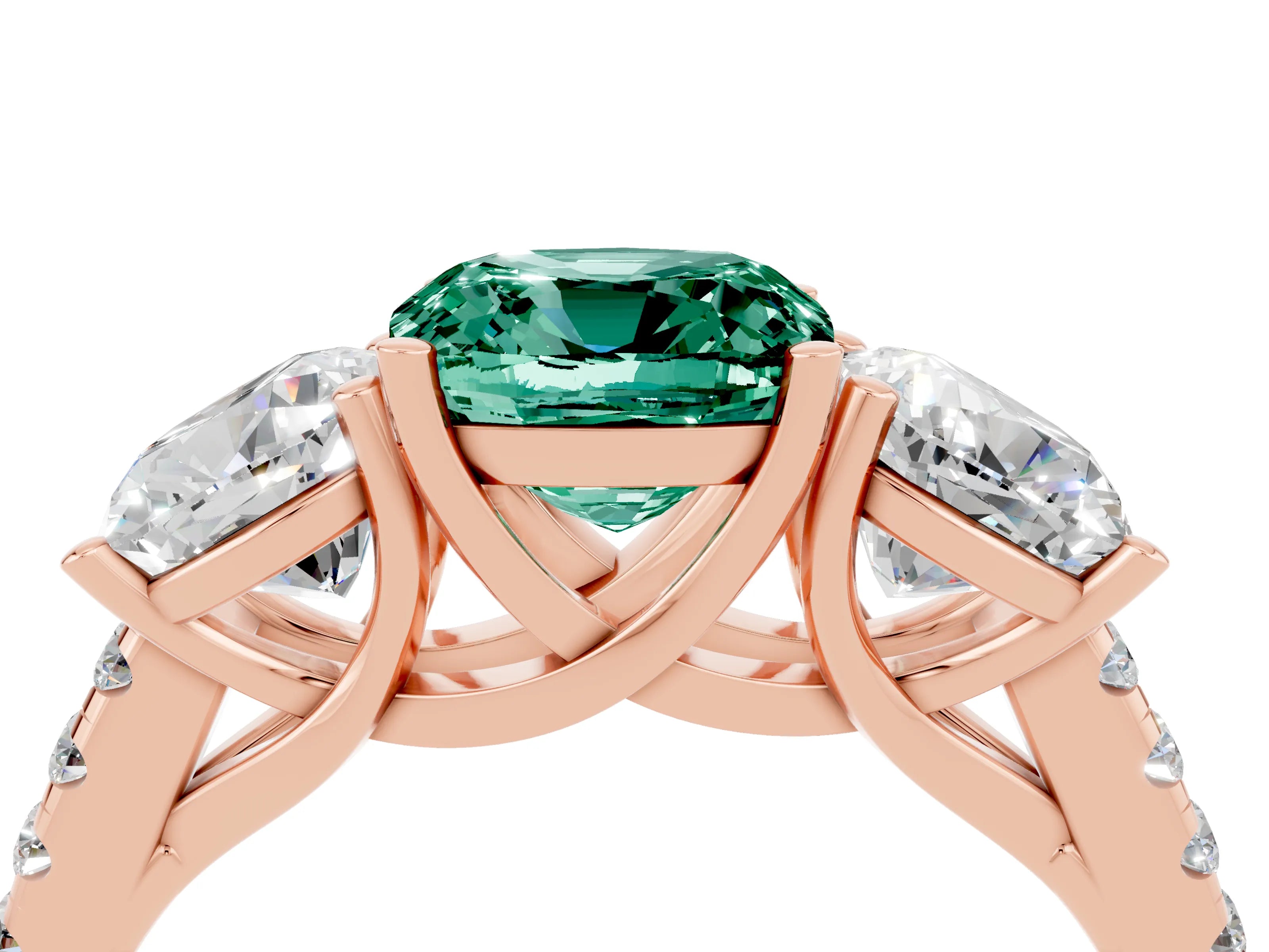 Rose gold Three-Stone Cushion Cut Green Sapphire Ring with Pavé Band and Prong Setting_16