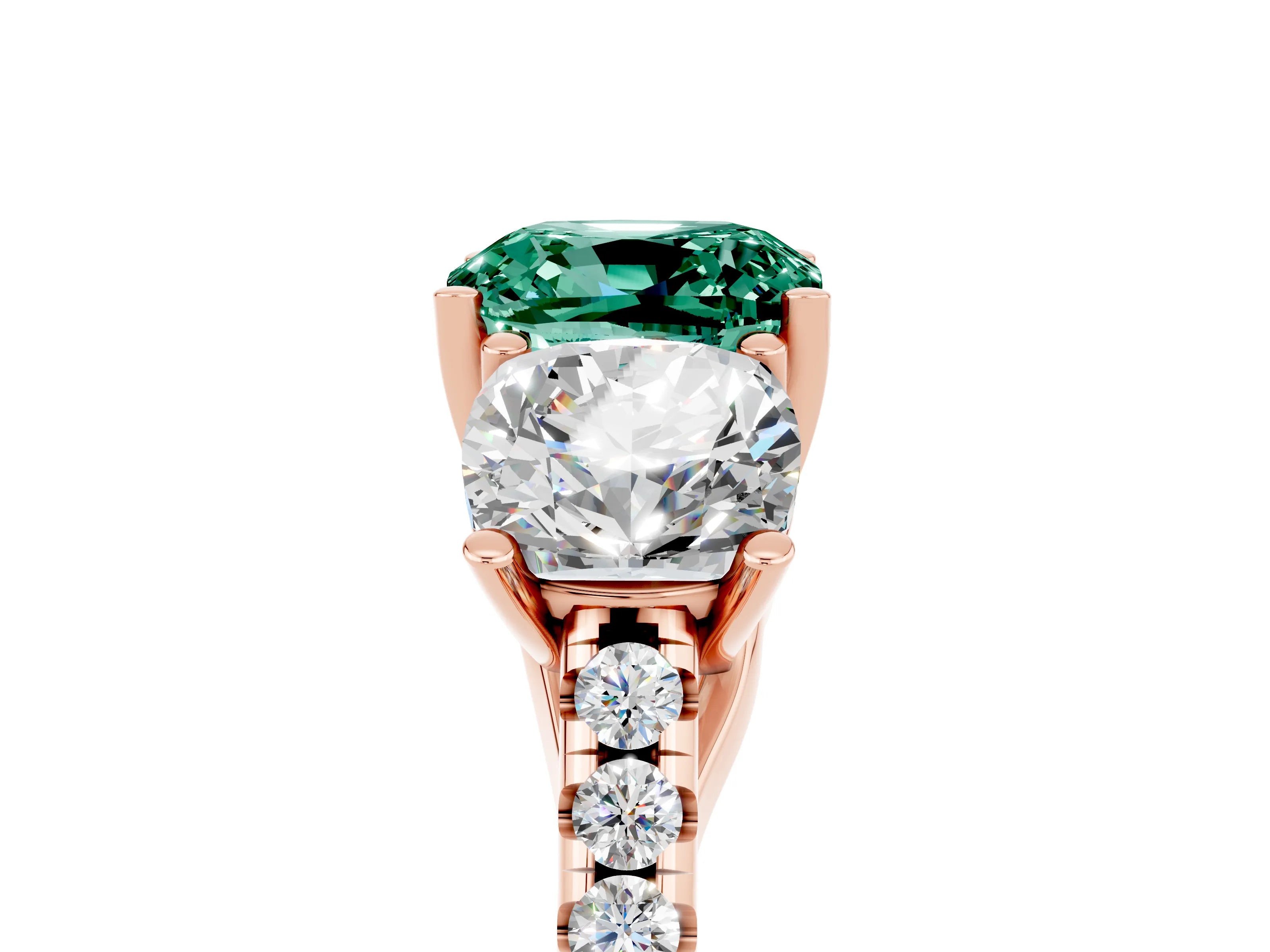 Rose gold Three-Stone Cushion Cut Green Sapphire Ring with Pavé Band and Prong Setting_17