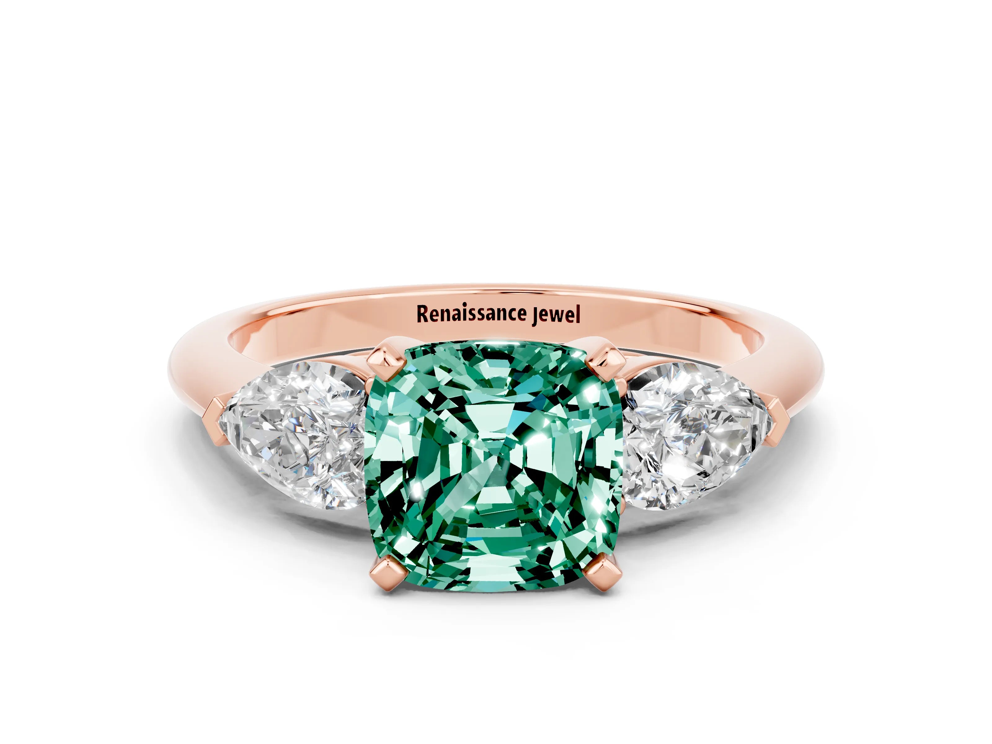 Rose gold Three-Stone Cushion Cut Green Sapphire Ring with Pear Side Stones and Four-Prong Setting