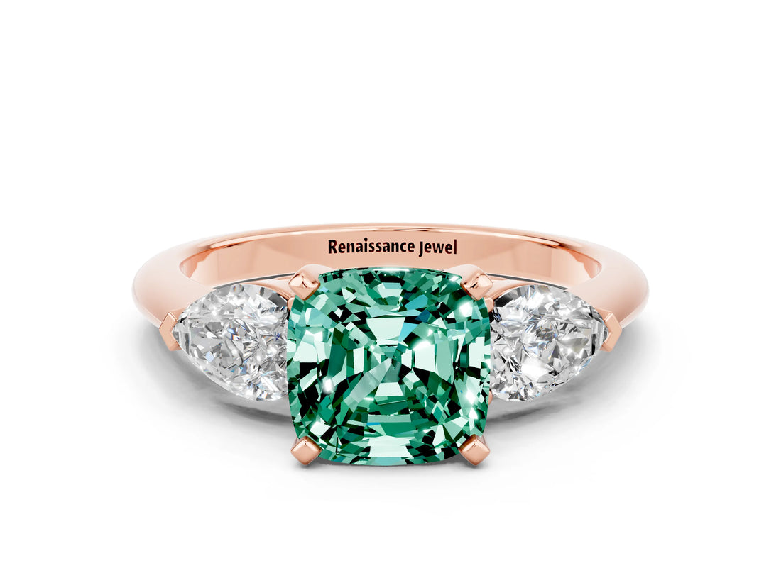 Rose gold Three-Stone Cushion Cut Green Sapphire Ring with Pear Side Stones and Four-Prong Setting