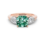 Rose gold Three-Stone Cushion Cut Green Sapphire Ring with Pear Side Stones and Four-Prong Setting