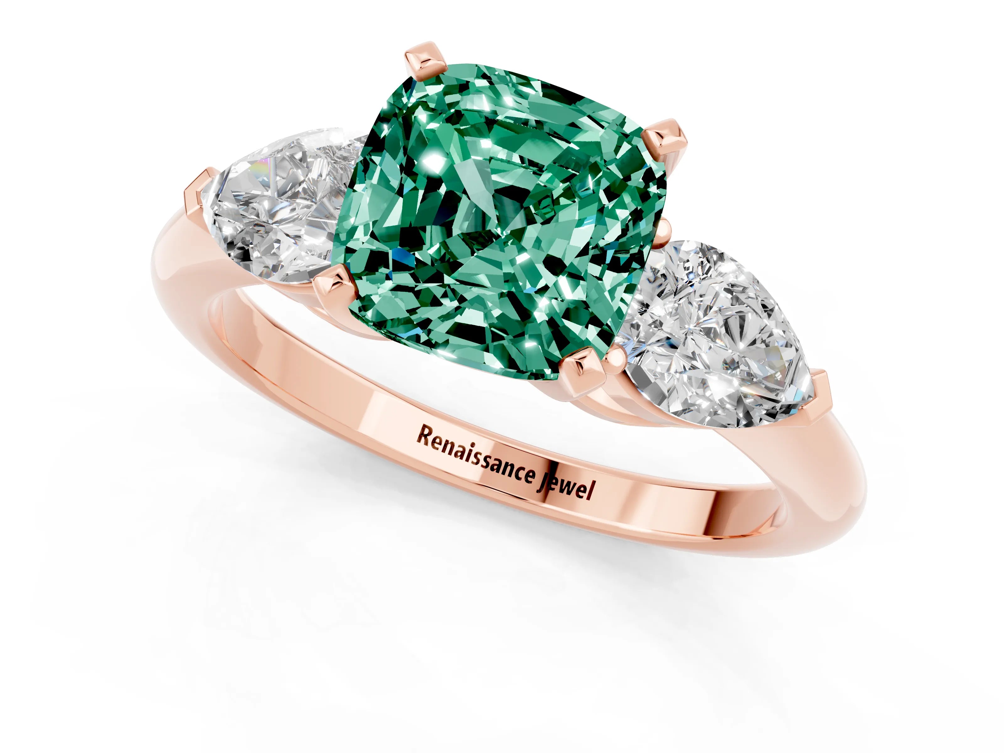Rose gold Three-Stone Cushion Cut Green Sapphire Ring with Pear Side Stones and Four-Prong Setting_1