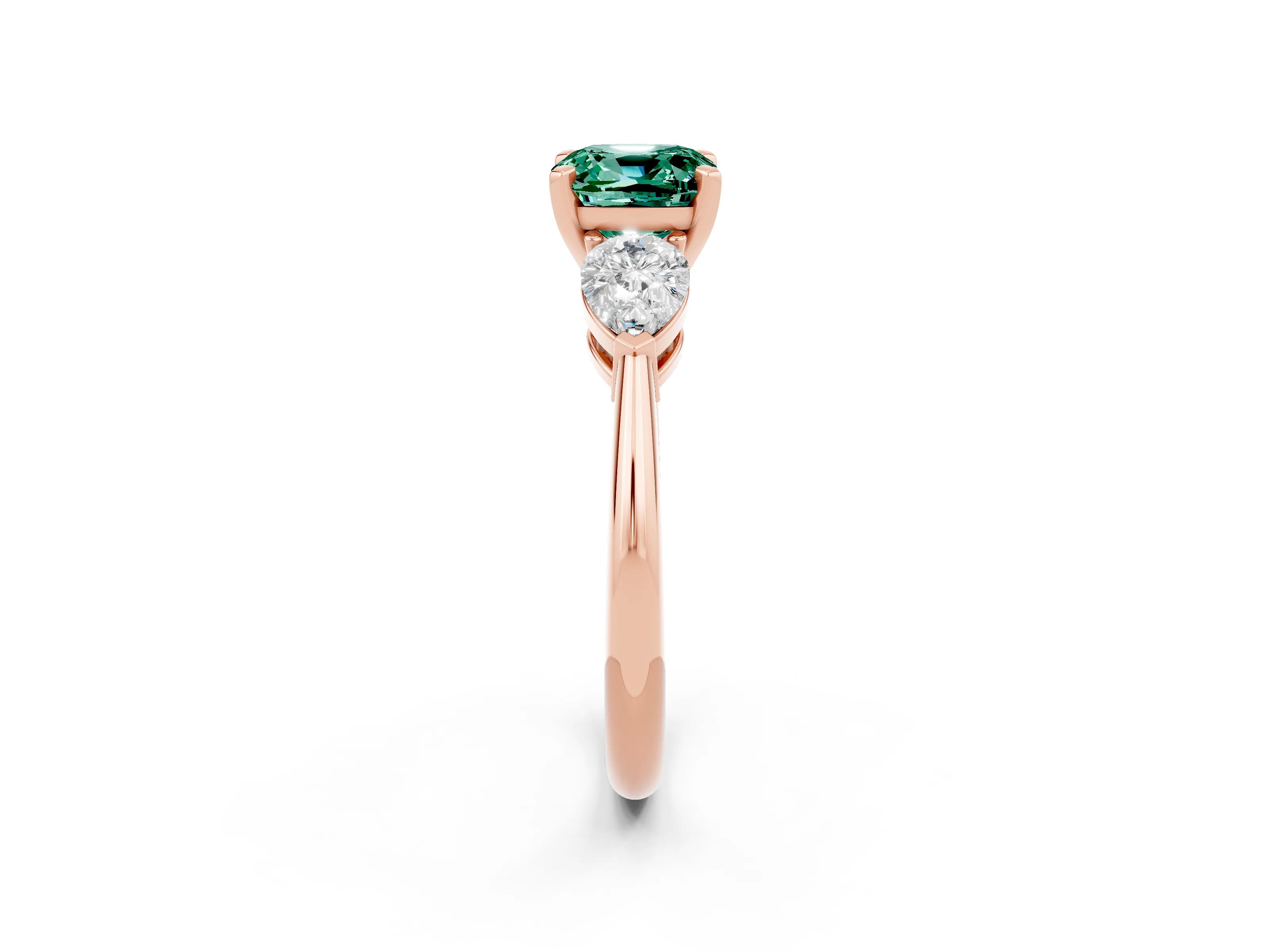 Rose gold Three-Stone Cushion Cut Green Sapphire Ring with Pear Side Stones and Four-Prong Setting_2