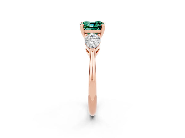Rose gold Three-Stone Cushion Cut Green Sapphire Ring with Pear Side Stones and Four-Prong Setting
