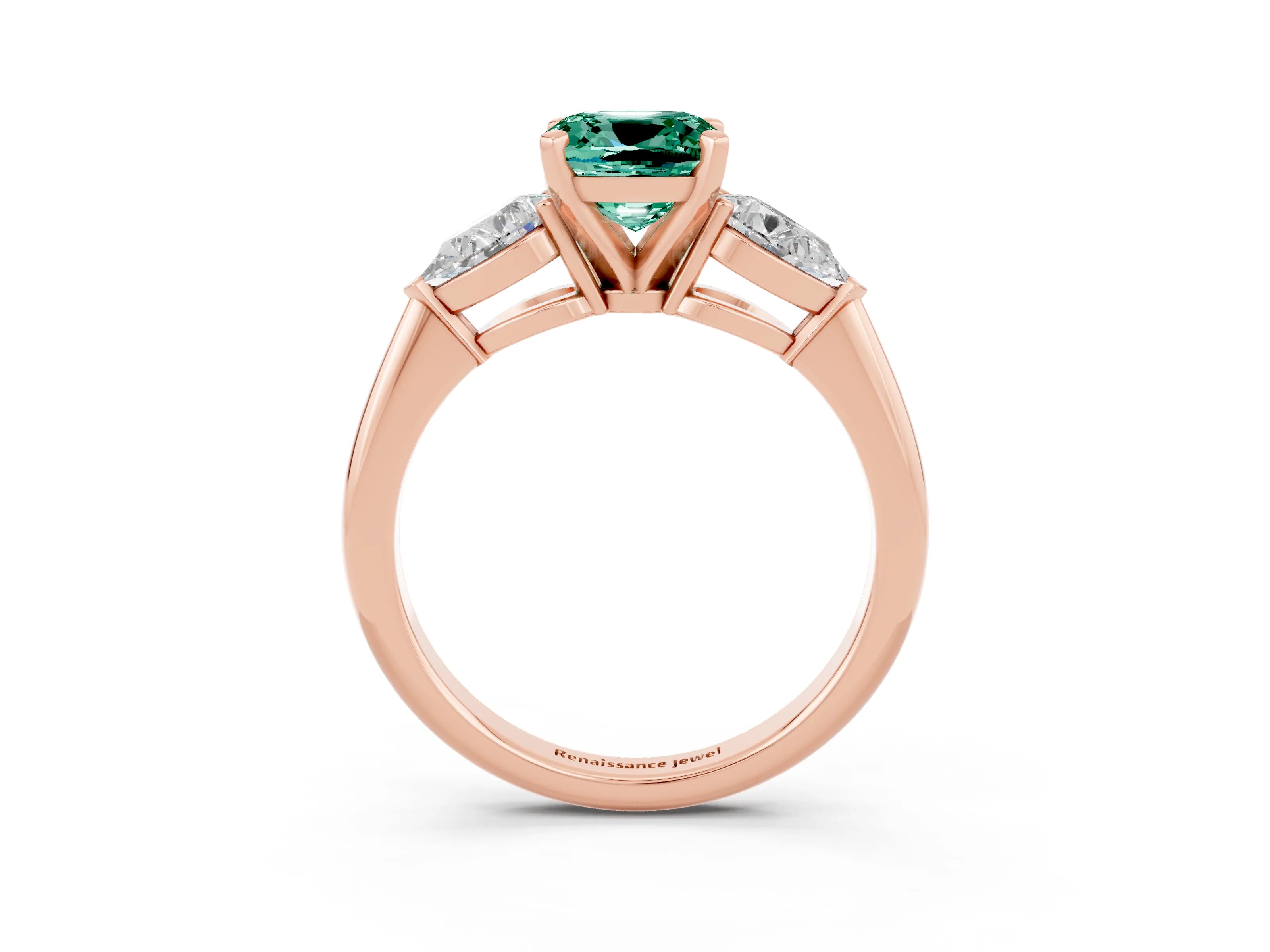 Rose gold Three-Stone Cushion Cut Green Sapphire Ring with Pear Side Stones and Four-Prong Setting_3