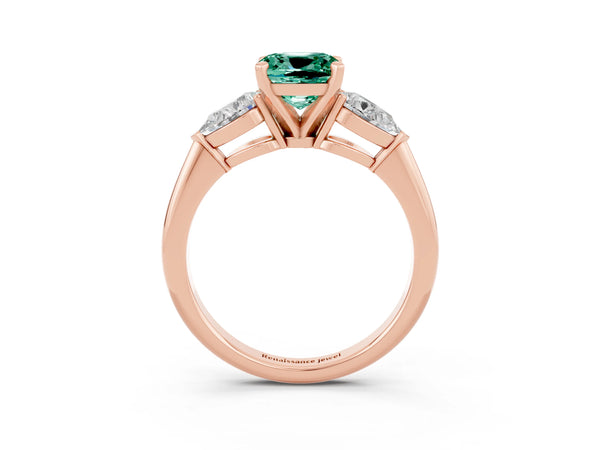 Rose gold Three-Stone Cushion Cut Green Sapphire Ring with Pear Side Stones and Four-Prong Setting