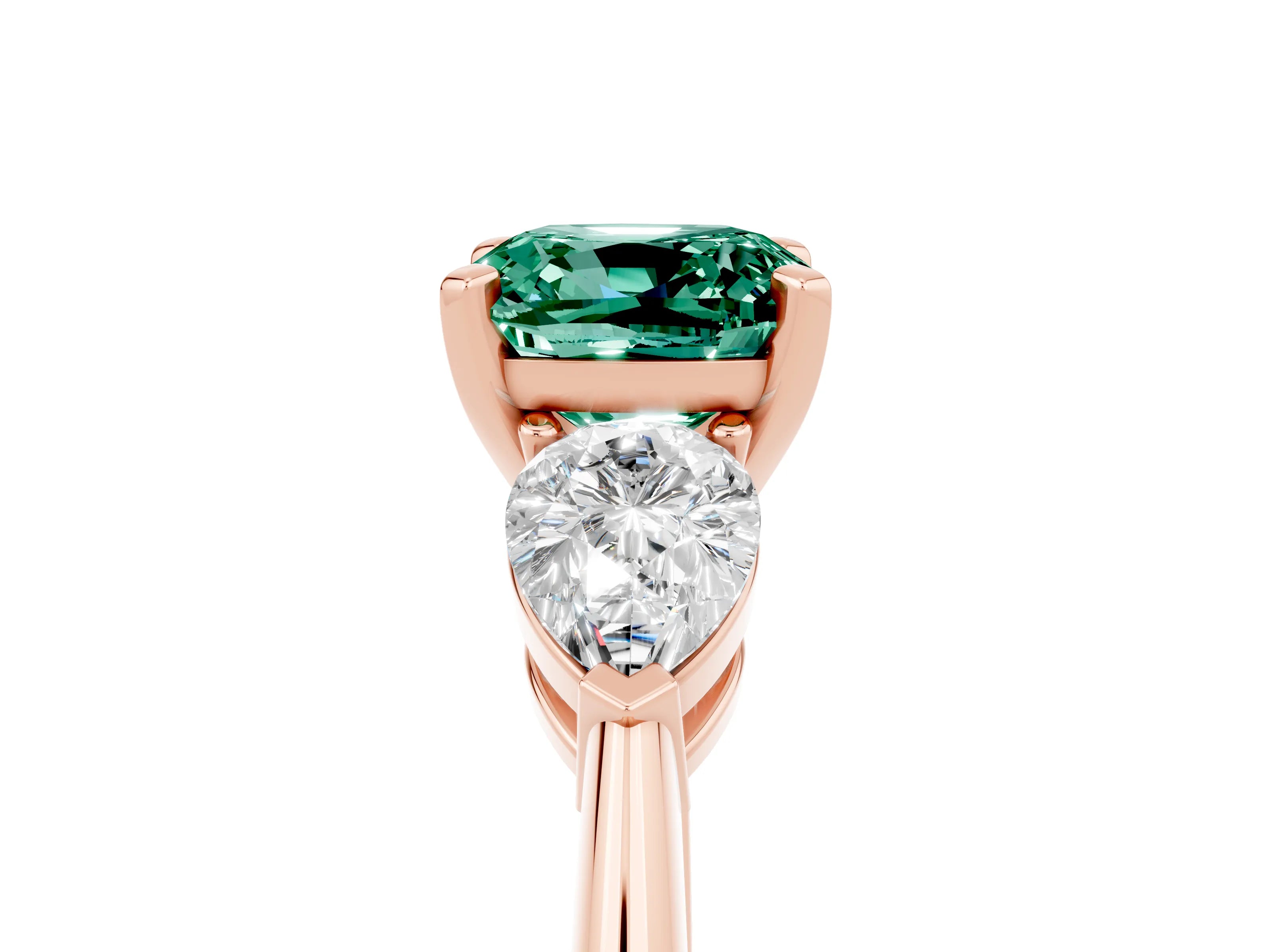 Rose gold Three-Stone Cushion Cut Green Sapphire Ring with Pear Side Stones and Four-Prong Setting_5