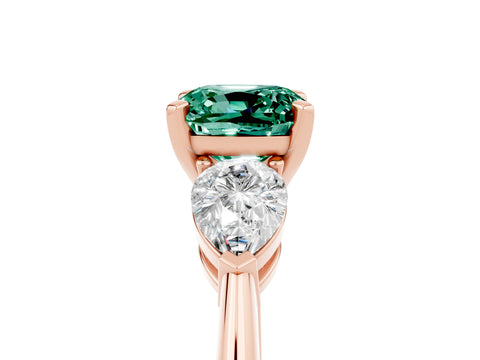 Rose gold Three-Stone Cushion Cut Green Sapphire Ring with Pear Side Stones and Four-Prong Setting_5
