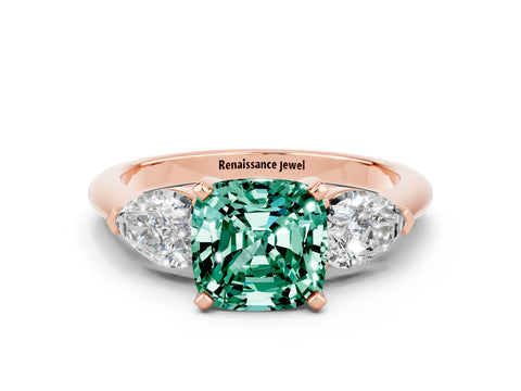 Rose gold Three-Stone Cushion Cut Green Sapphire Ring with Pear Side Stones and Four-Prong Setting