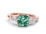 Rose gold Three-Stone Cushion Cut Green Sapphire Ring with Pear  Side Stones in Four-Prong Setting_12