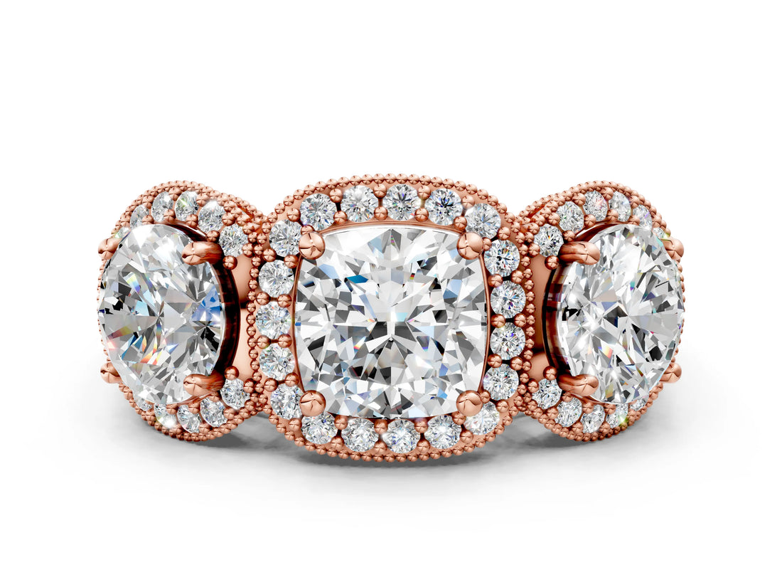 Rose gold Three-Stone Cushion Cut Halo Diamond Milgrain Band with Four-Prong Setting_3